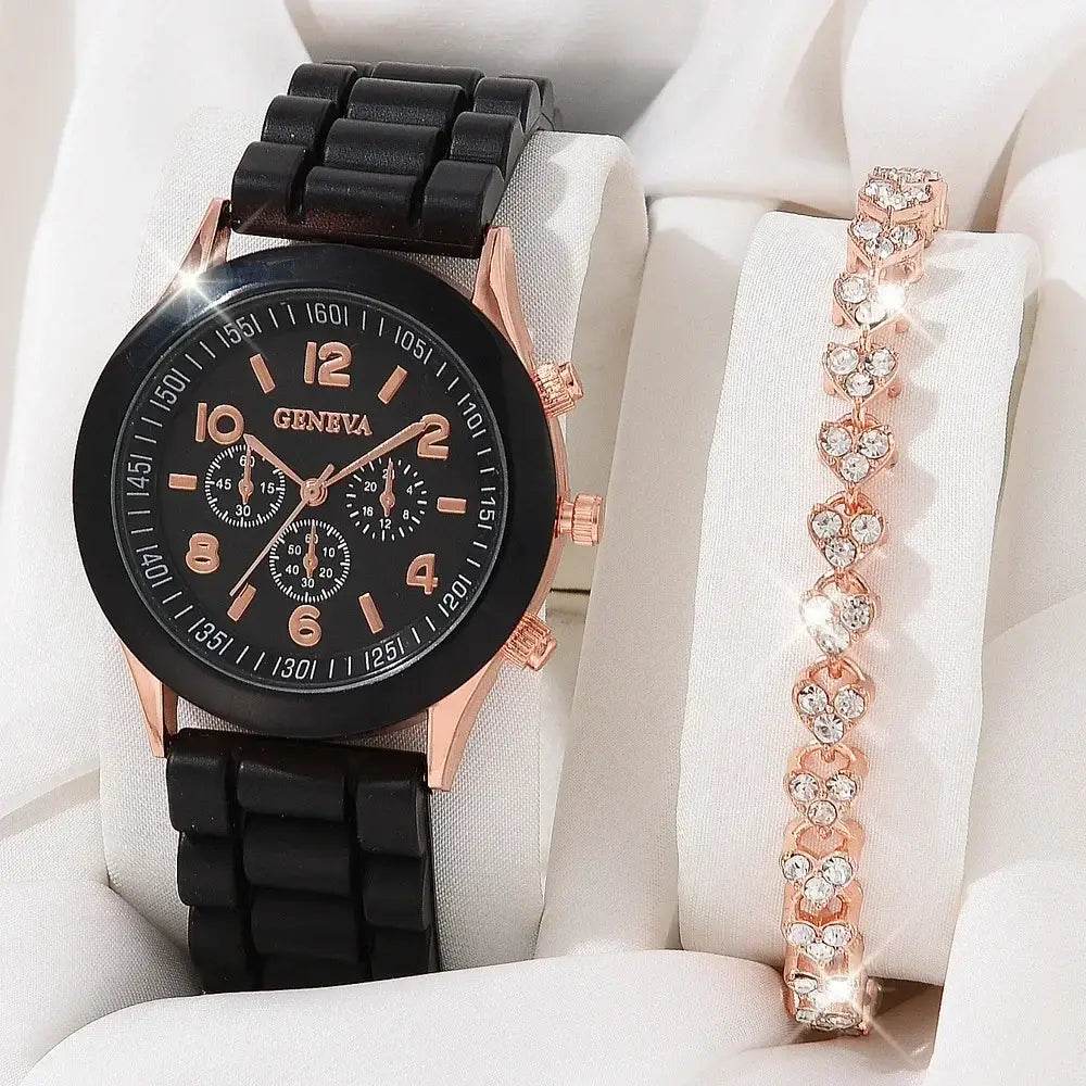 Luxury Women's Watch Set - 5PCS Rhinestone Jewelry Bracelet, Ring, Necklace, and Earrings for Casual Elegance - BON's