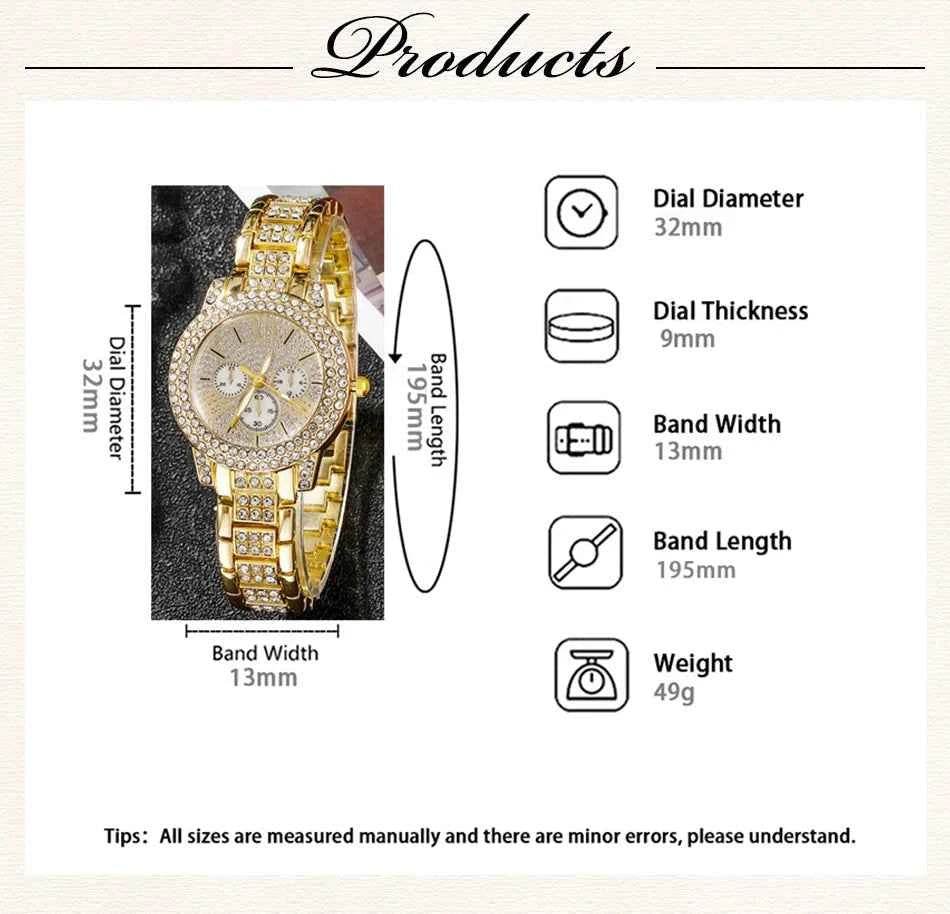 Women's Luxury Watches Set - Gold Quartz Watch, Ring, Necklace, and Earring Jewelry Set - BON's