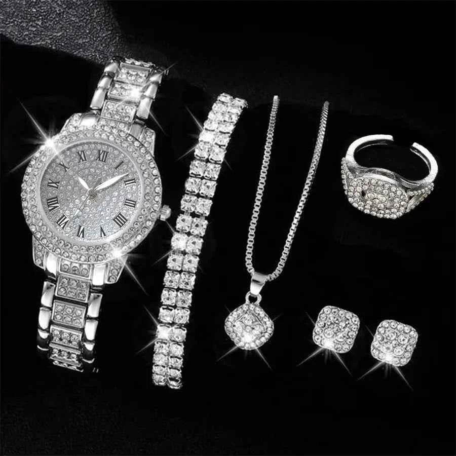 Silver Women's Watch Set - 6PCS Luxury Dial Quartz Jewelry Gift for Her - BON's