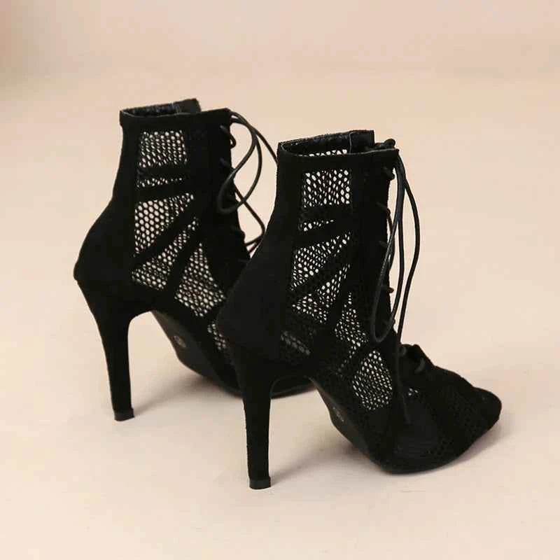 Sexy High Heels Hollow Mesh Sandals Women Summer Cross-tied Peep Toe Heeled Sandals Ankle Strap Dance Shoes Black Net Sandals - BON's