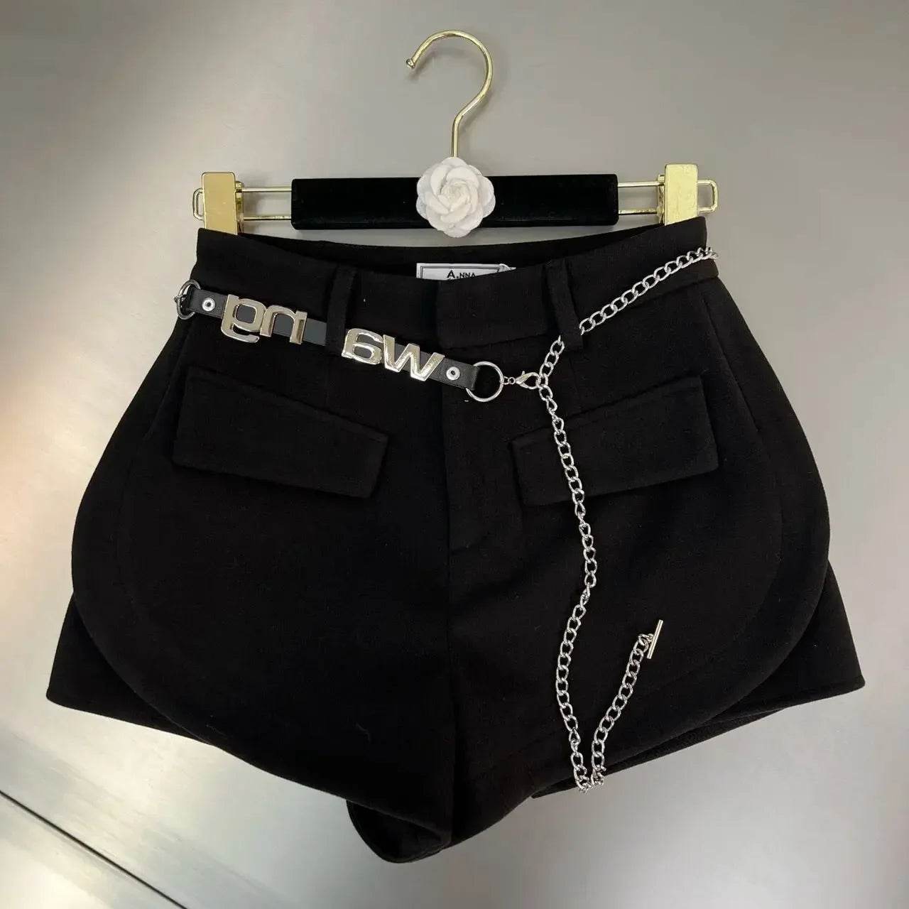 Pantalones Cortos De Mujer Patchwork Shorts for Women New Bottoms Letter Chain High Waist Slim Fit Korean Woolen Pants - BON's