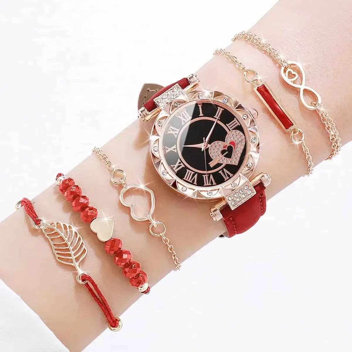 6PCS Women's Fashion Watch Set – Roma Heart Dial Leather Band Quartz Watches with Leaf Bracelets - BON's