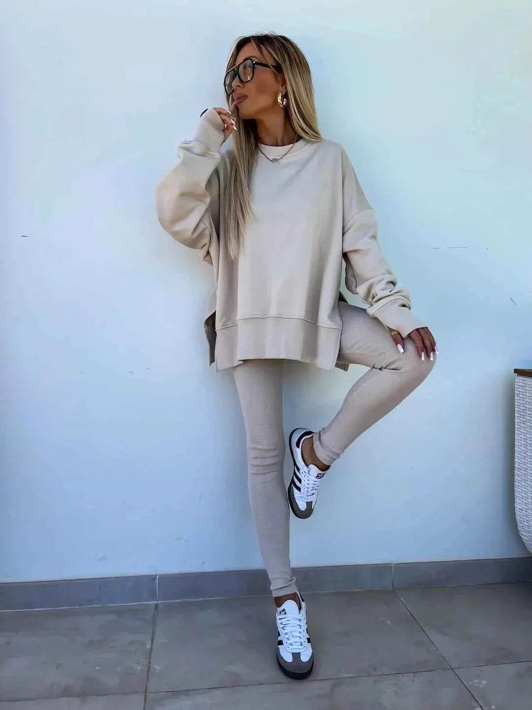 2025 Casual Tight Trousers Set with Loose Sweatshirt - European and American Style - BON's