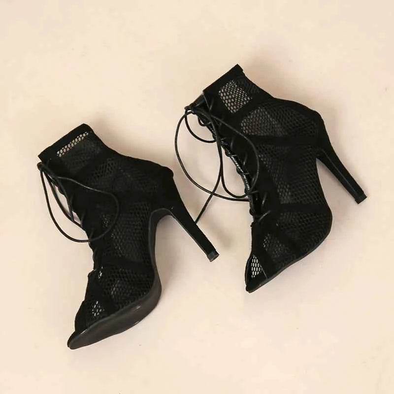Sexy High Heels Hollow Mesh Sandals Women Summer Cross-tied Peep Toe Heeled Sandals Ankle Strap Dance Shoes Black Net Sandals - BON's