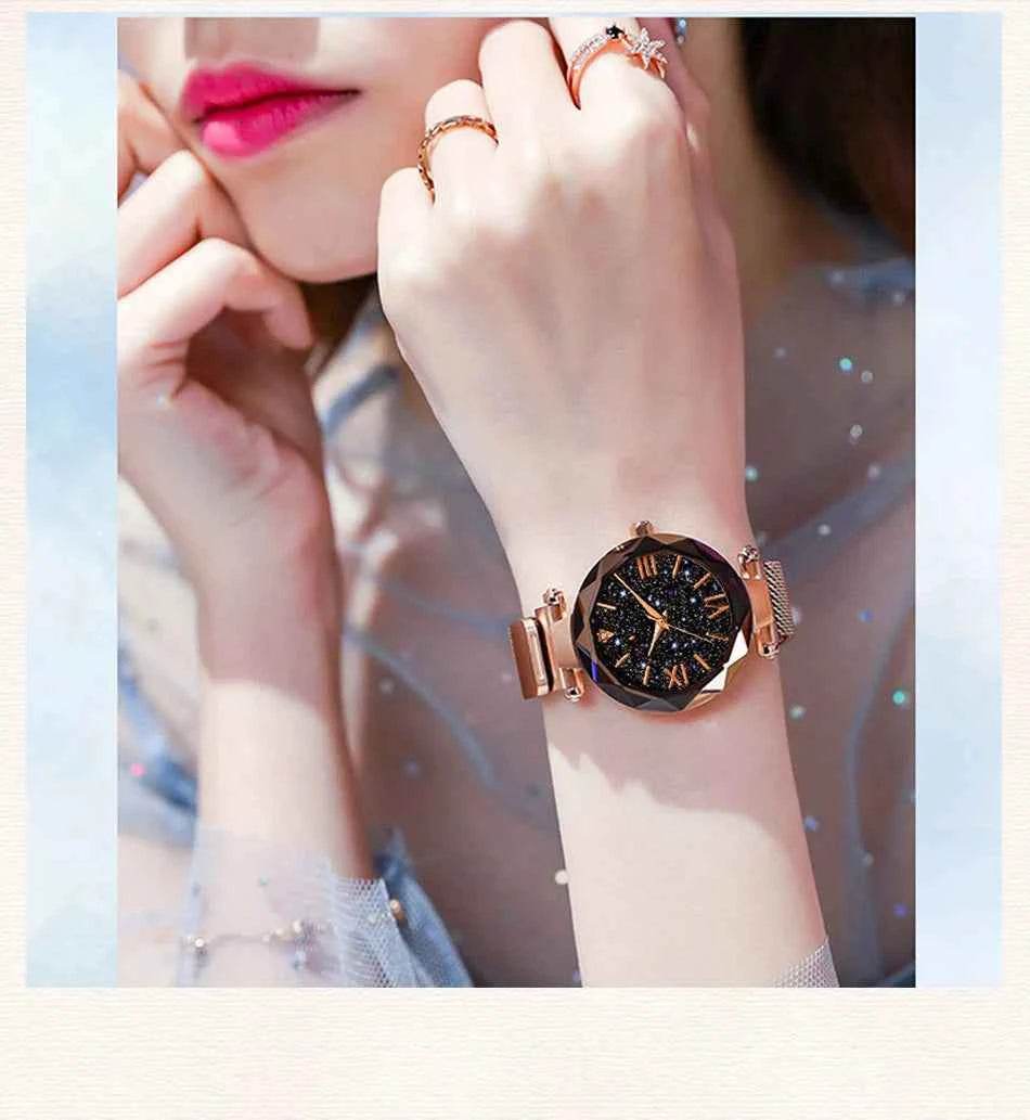 Women's Starry Sky Watch with Magnet Buckle Mesh Belt and Diamond Accents - BON's