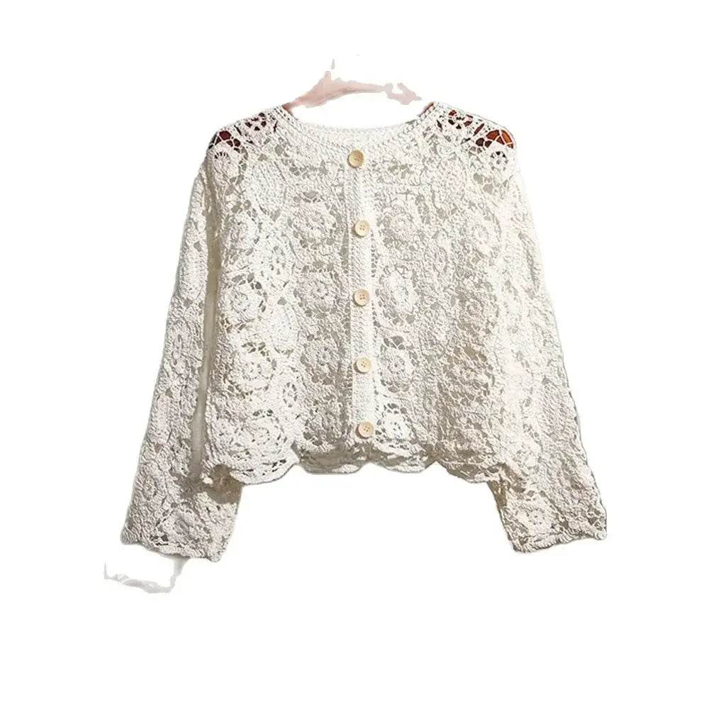 Korean Lace Cardigan for Women - 2024 Spring and Summer O Neck Long Sleeve Casual Hollow Shawl Cotton Top - BON's