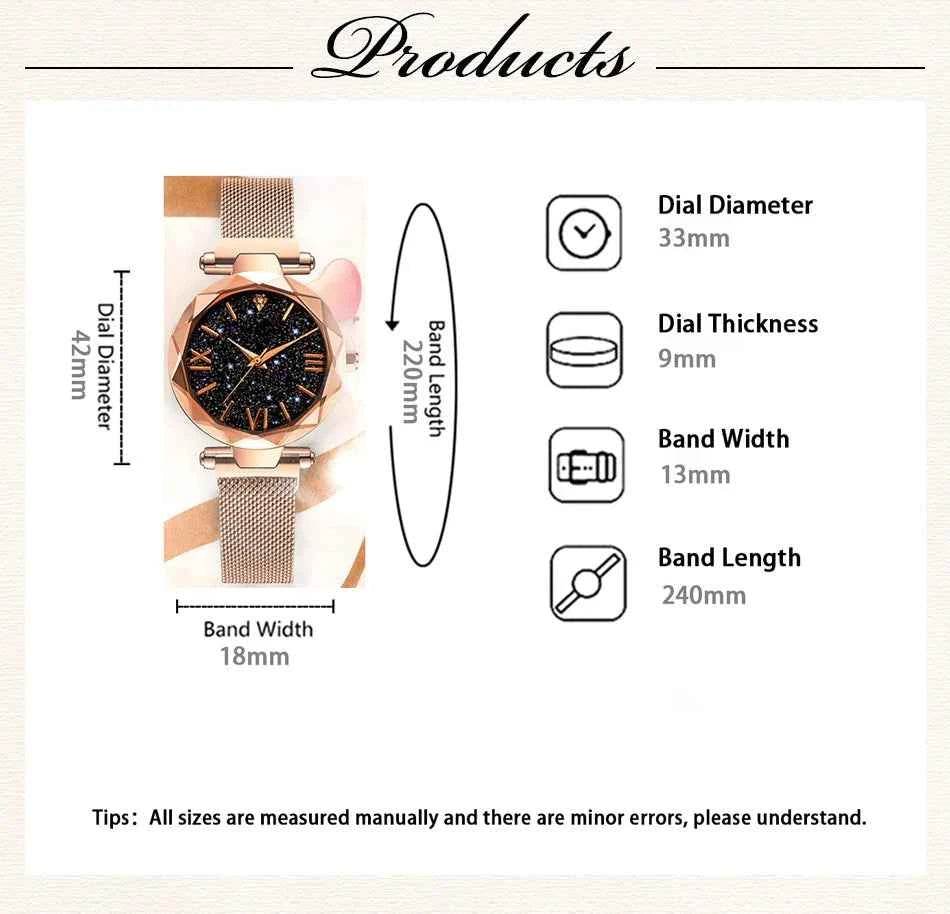 Women's Starry Sky Watch with Magnet Buckle Mesh Belt and Diamond Accents - BON's