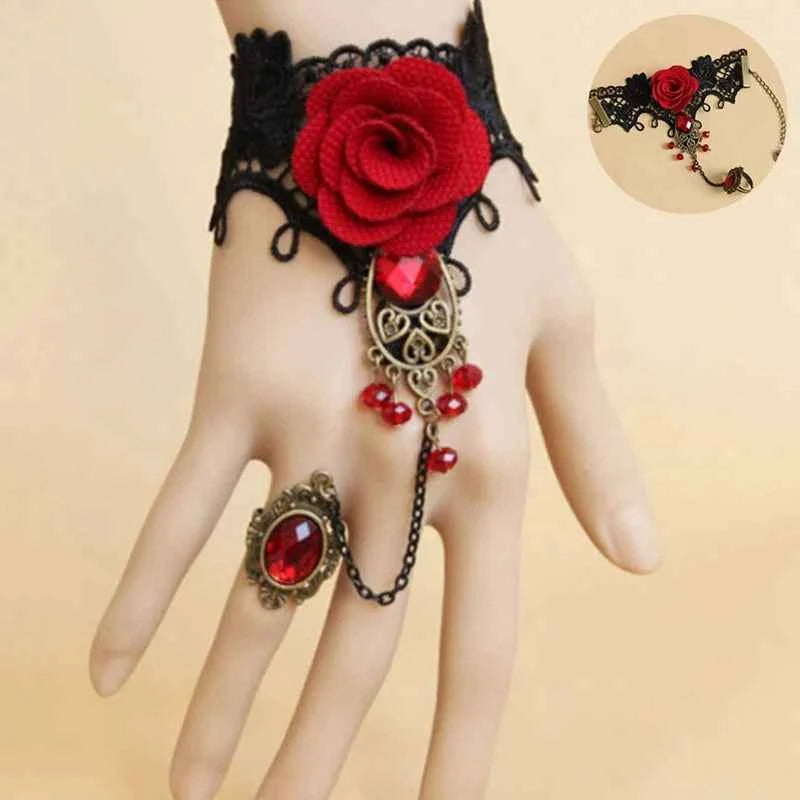 Steampunk Gothic Lace Rose Bracelet – Vampire-Inspired Halloween Jewelry for Women’s Cosplay & Costume Props