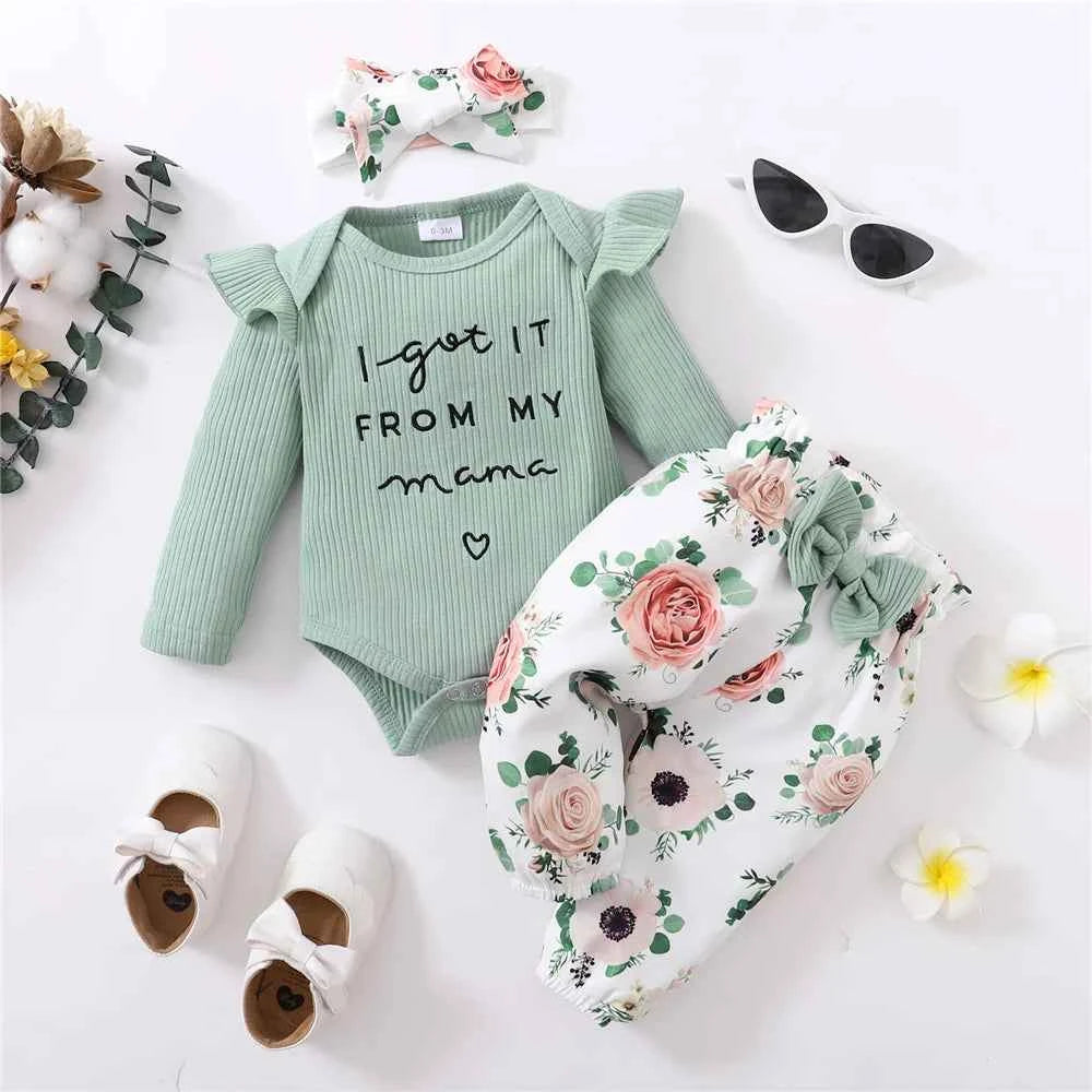 Newborn Baby Girl Autumn Set Letter Long sleeved Bodysuit +Bow Printed Pants+Headband fit 0-12 Months Female Babies Fashion Suit