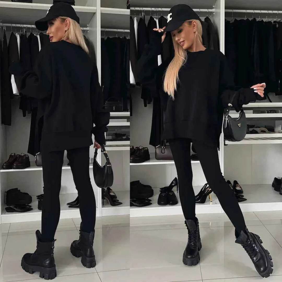 2025 Casual Tight Trousers Set with Loose Sweatshirt - European and American Style - BON's