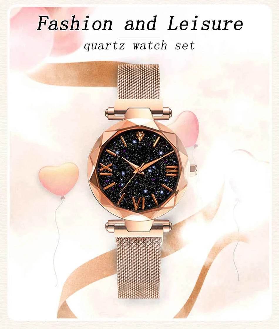 Women's Starry Sky Watch with Magnet Buckle Mesh Belt and Diamond Accents - BON's