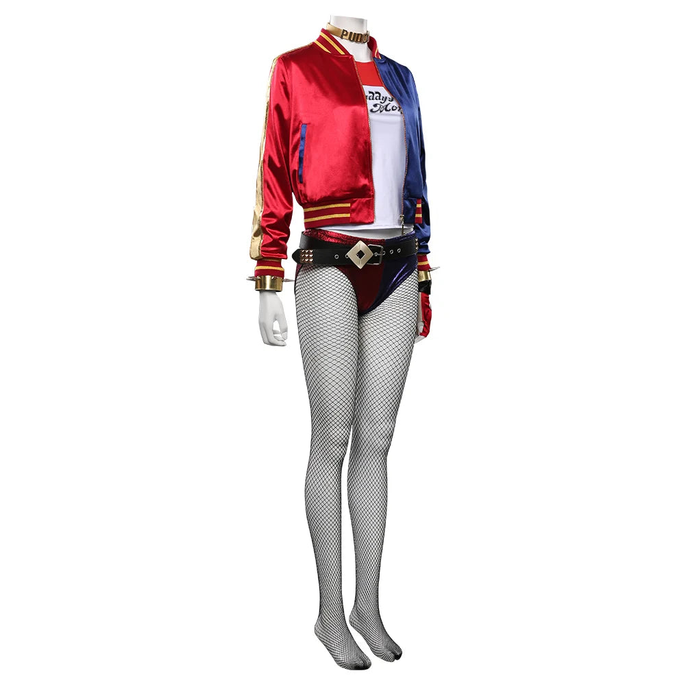 Quinzel Cosplay Costume Fantasia Super Villain Adult Women Coat Belt Neckband Roleplay Outfits Halloween Carnival Party Suit
