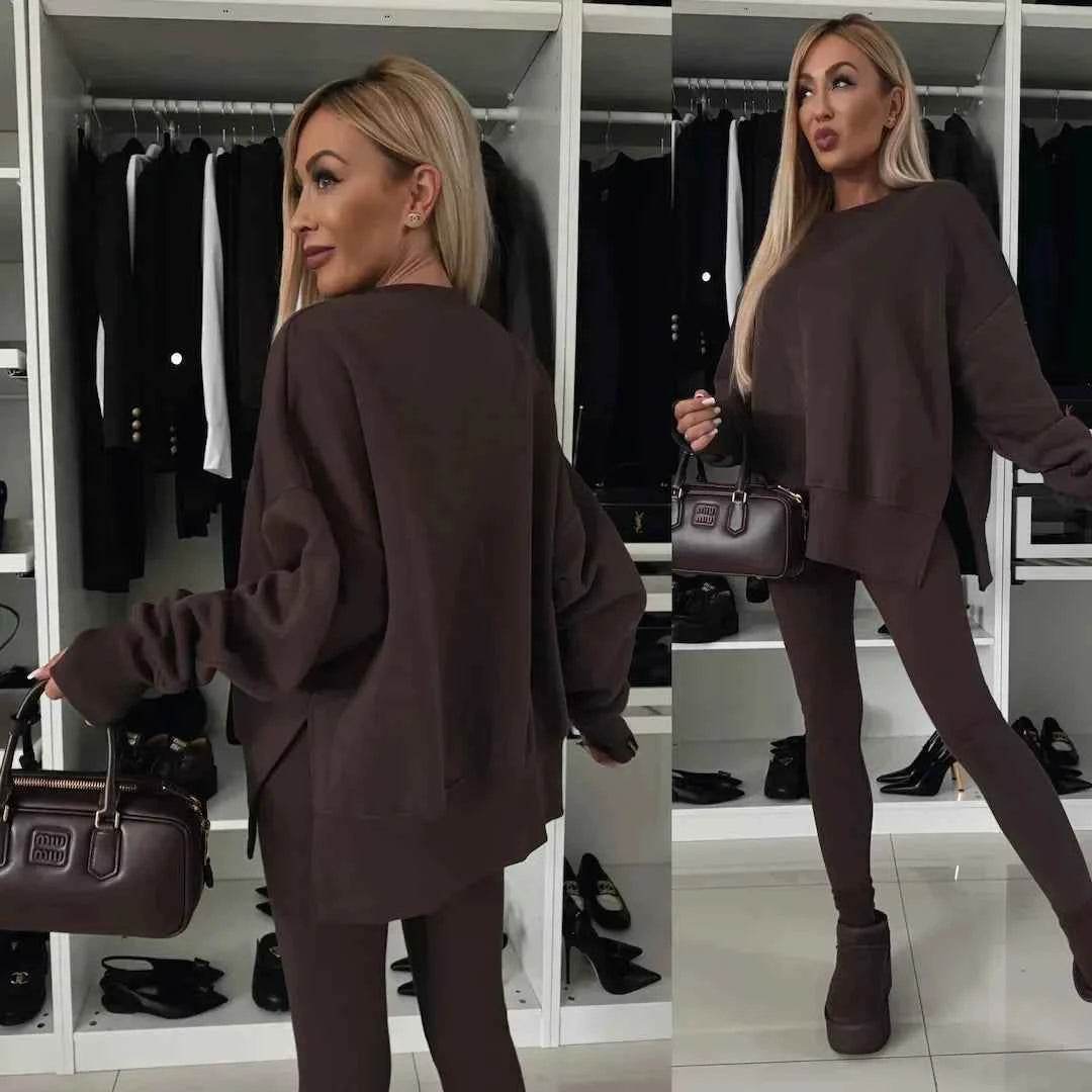 2025 Casual Tight Trousers Set with Loose Sweatshirt - European and American Style - BON's