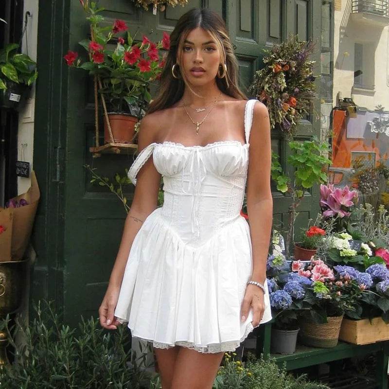 Sexy Lace Floral Corset Dress - Elegant Women's White Yellow Sundress, High Waist Mini Sun Dresses for Summer 2025 - BON's