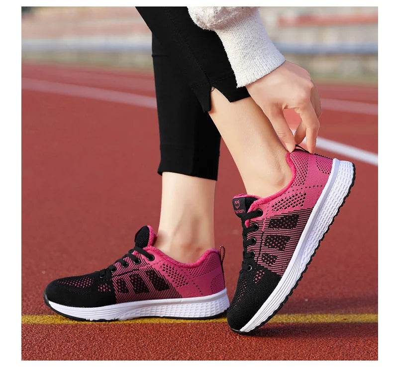 Women Breathable Casual Sneakers Lace Up Flat Walking Shoes - Pink, Black, White - BON's