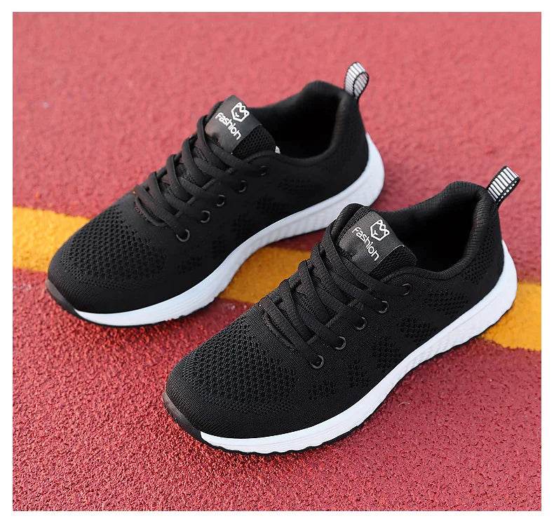 Women Breathable Casual Sneakers Lace Up Flat Walking Shoes - Pink, Black, White - BON's