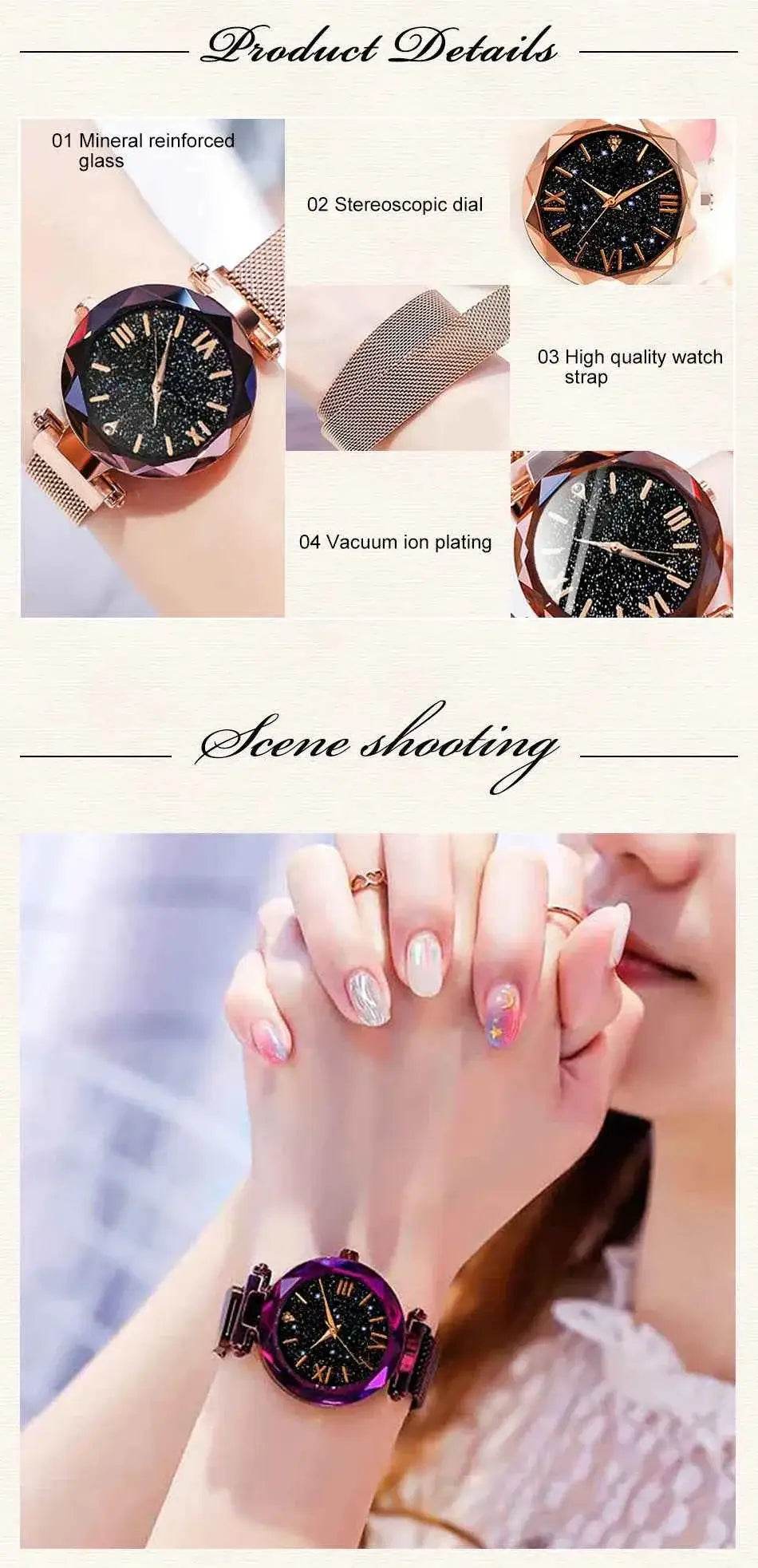 Women's Starry Sky Watch with Magnet Buckle Mesh Belt and Diamond Accents - BON's
