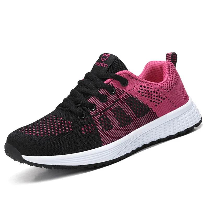 Women Breathable Casual Sneakers Lace Up Flat Walking Shoes - Pink, Black, White - BON's