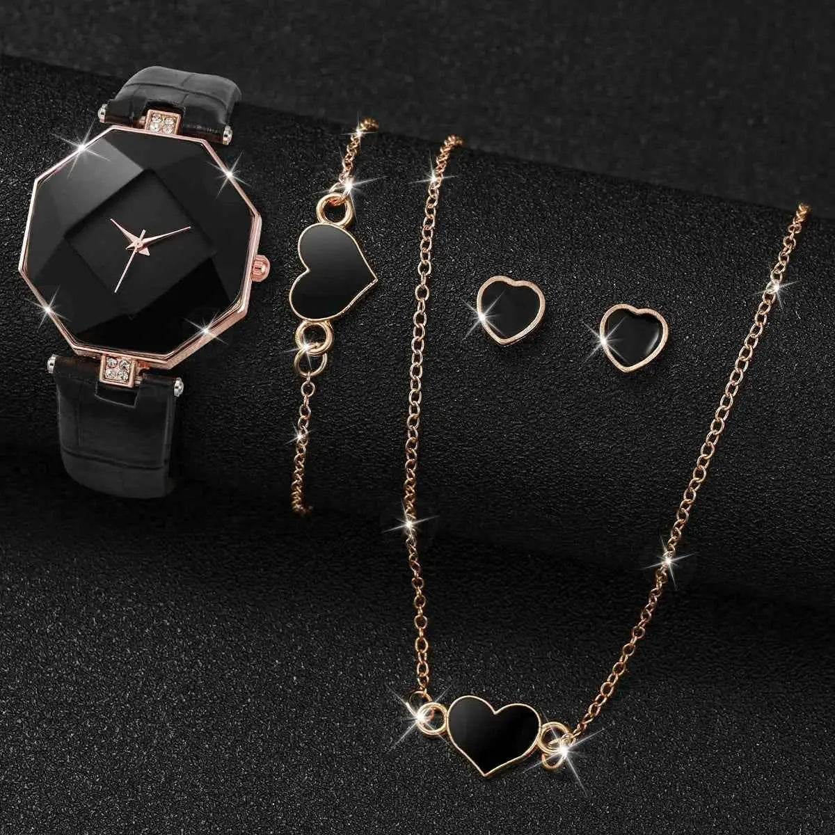 5PCS Set Women's Leather Band Watches Fashion Analog Quartz with Heart Jewelry Set - BON's