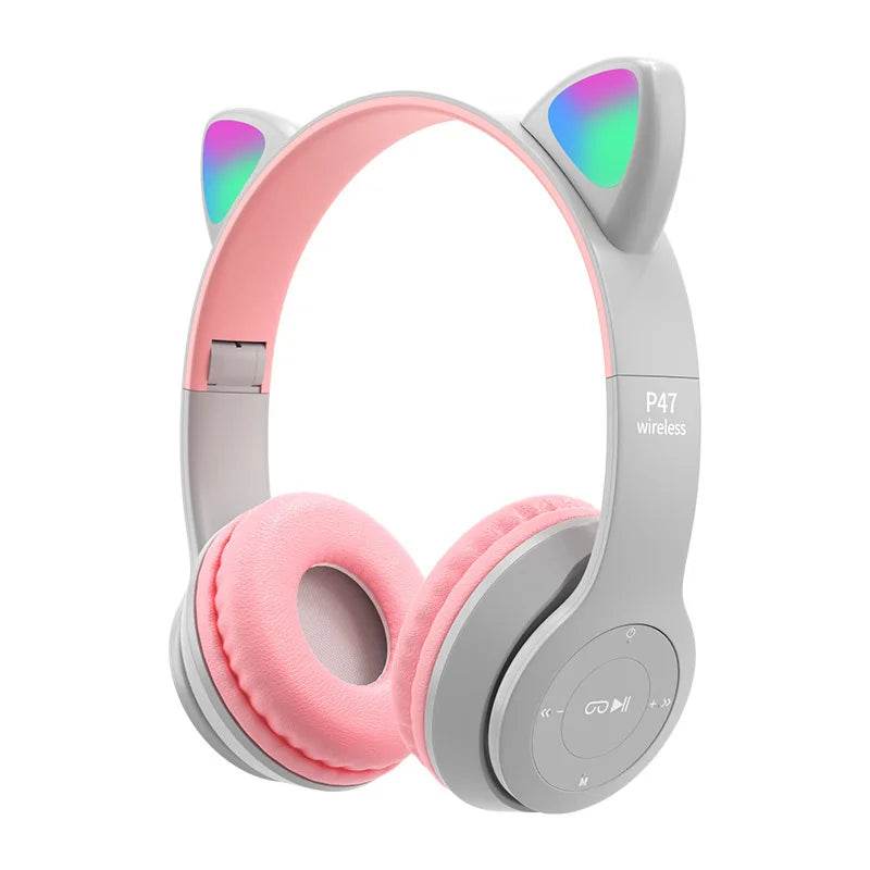 P47M Wireless Cat Ear Headphones with Mic and LED Light - Cute Stereo Bluetooth Headset Gift - BON's