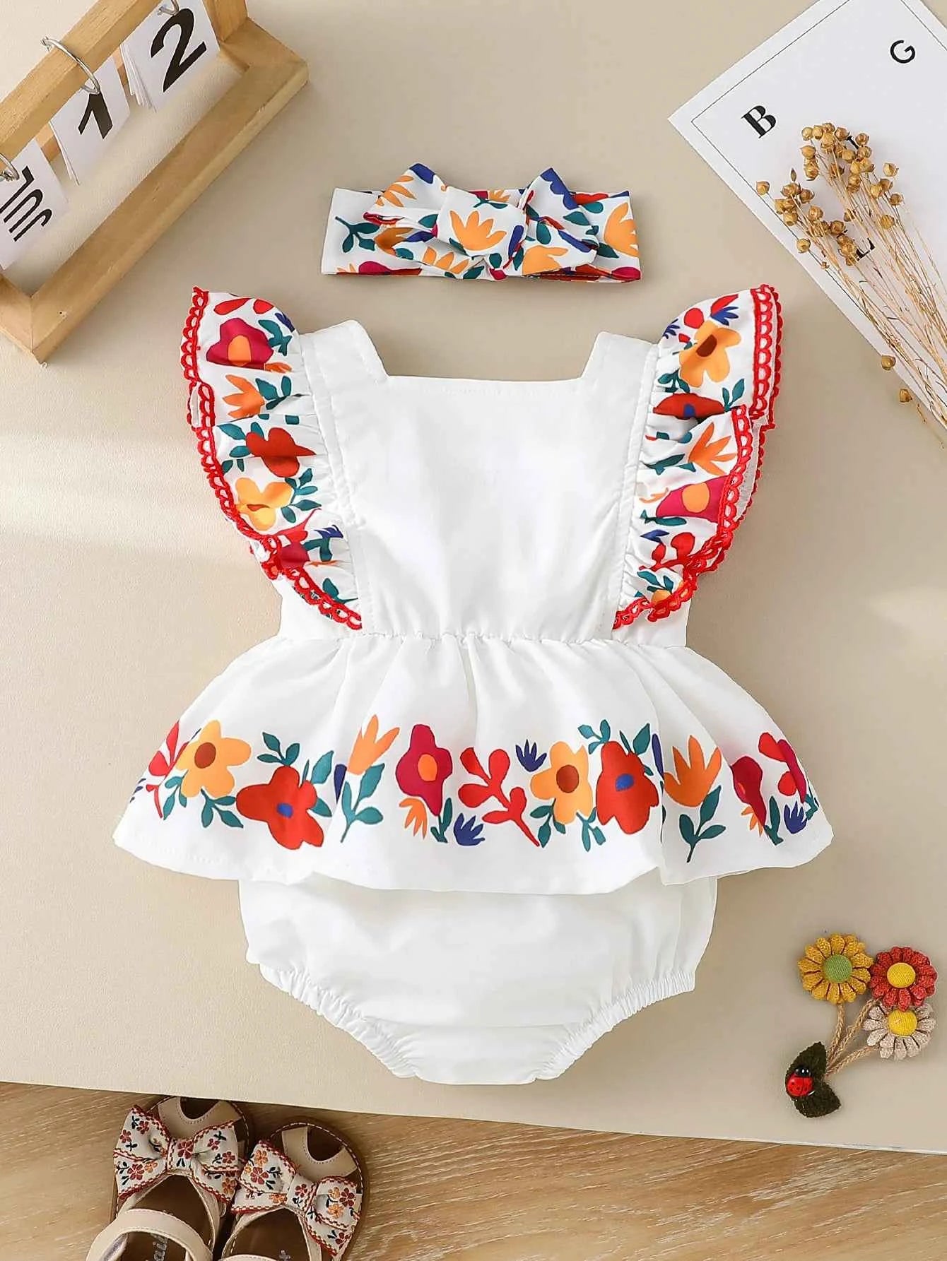 Newborn Baby Newborn Items  Girls Two-Piece Outfits, Flower Print Flying Sleeve Square Neck Bodysuit Romper + headband