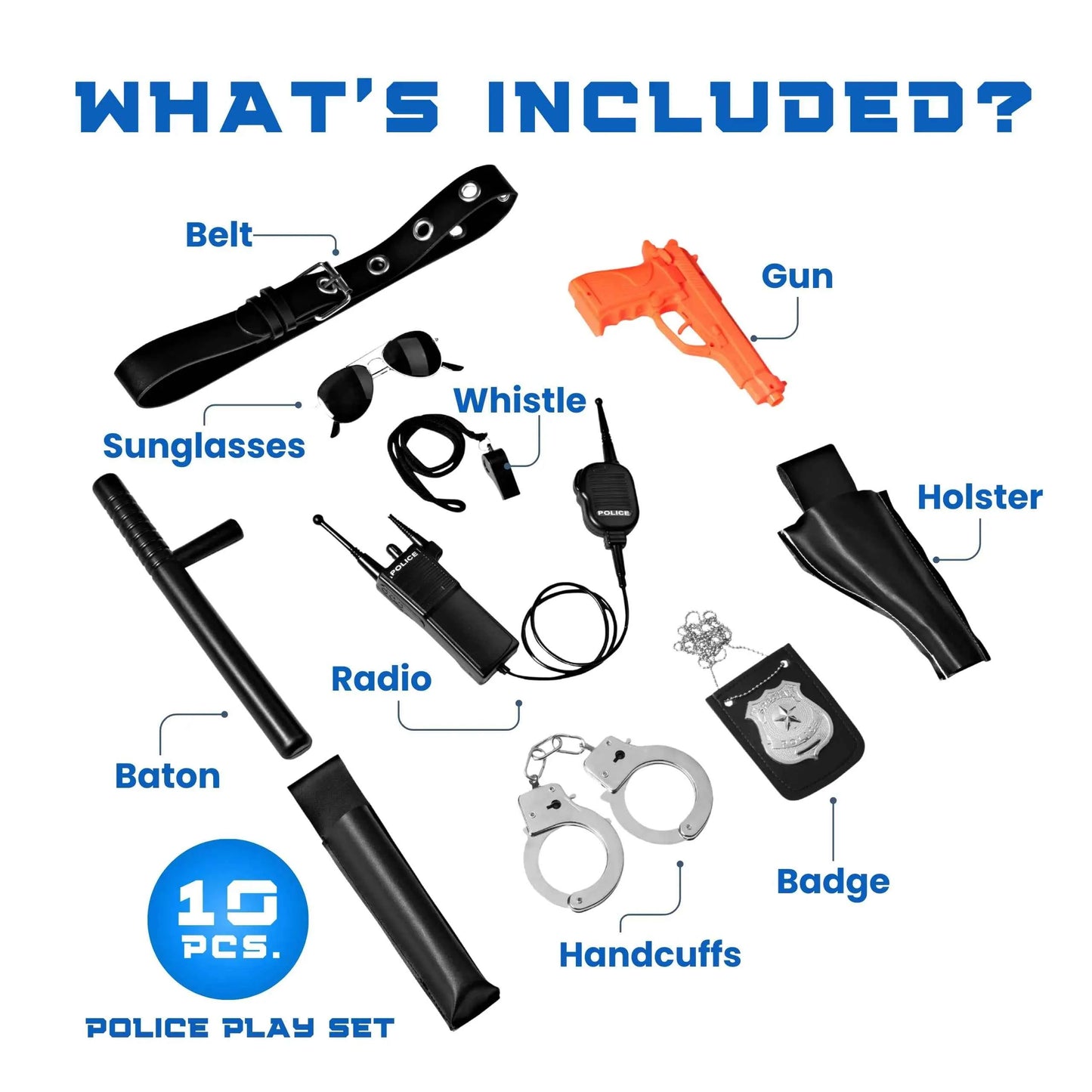 Police Officer Pretend Play Set 10-Piece Costume Accessories With Badge Belt Gun Handcuffs Halloween Role Play Kit For Ages 3–10