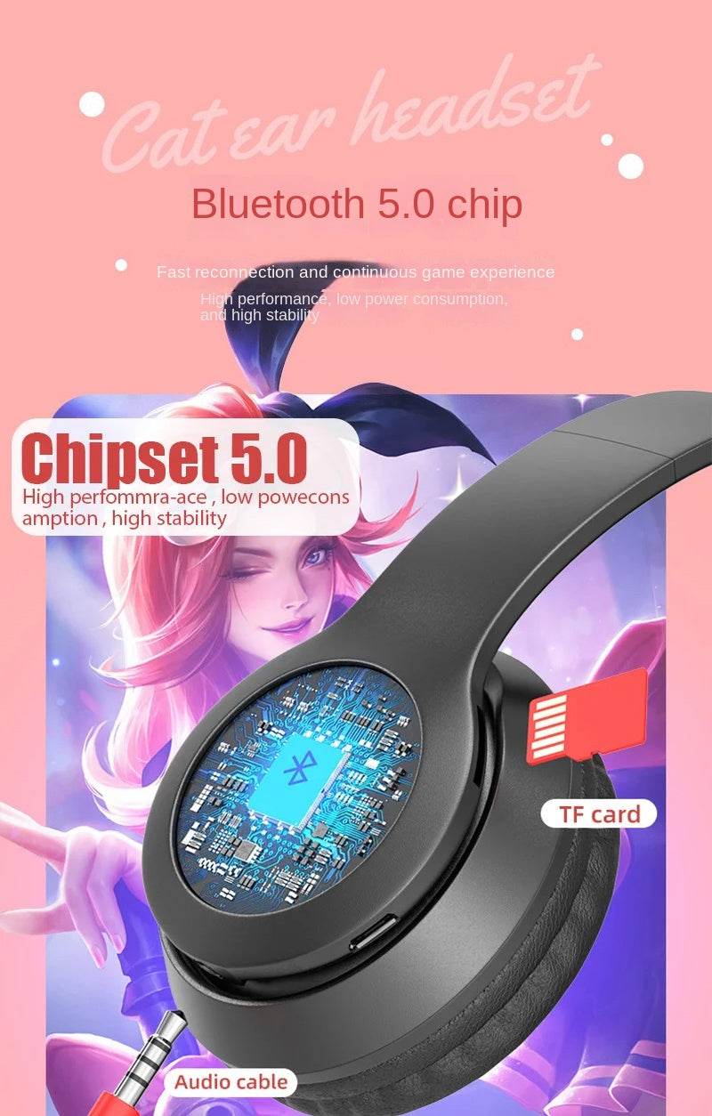 P47M Wireless Cat Ear Headphones with Mic and LED Light - Cute Stereo Bluetooth Headset Gift - BON's