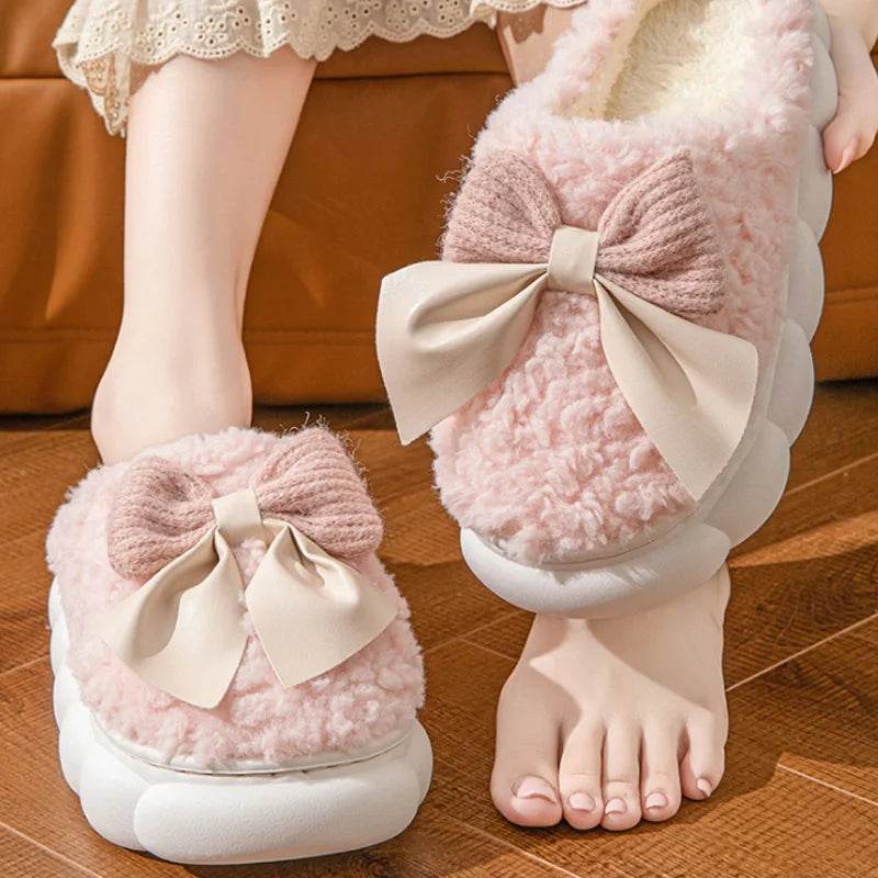 Winter Fur Slippers for Women with Cute Bow - Non-Slip Soft Plush Comfort Flat Heel Indoor Shoes - BON's