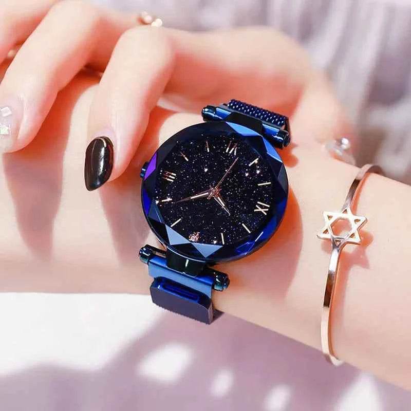 Women's Starry Sky Watch with Magnet Buckle Mesh Belt and Diamond Accents - BON's