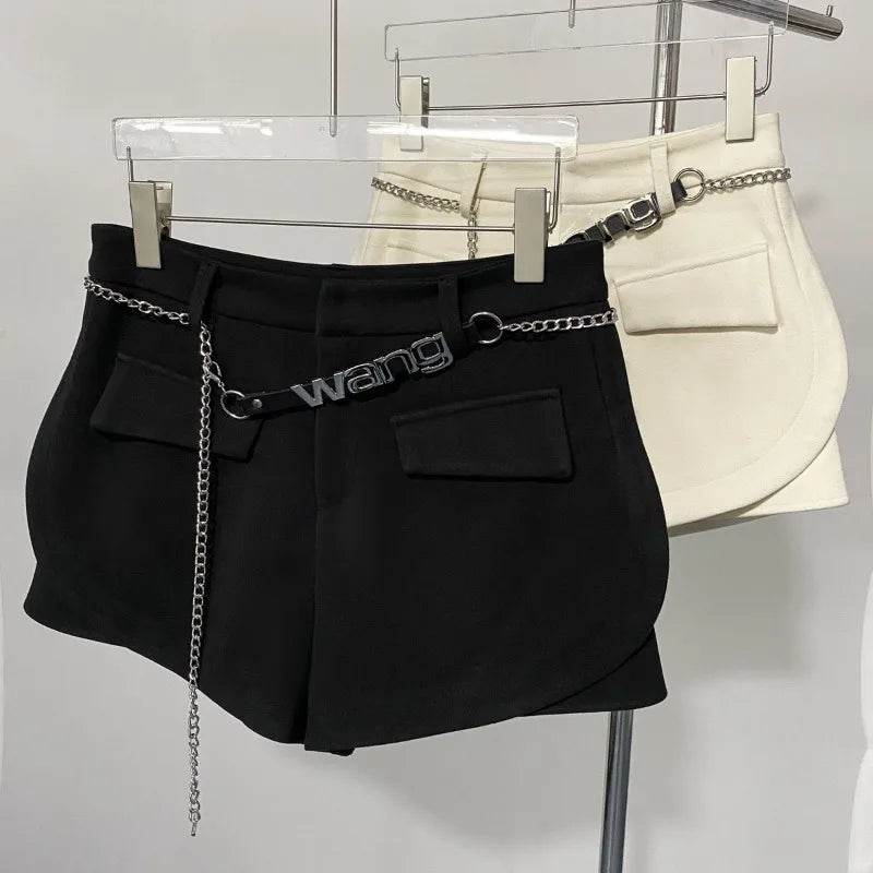 Pantalones Cortos De Mujer Patchwork Shorts for Women New Bottoms Letter Chain High Waist Slim Fit Korean Woolen Pants - BON's