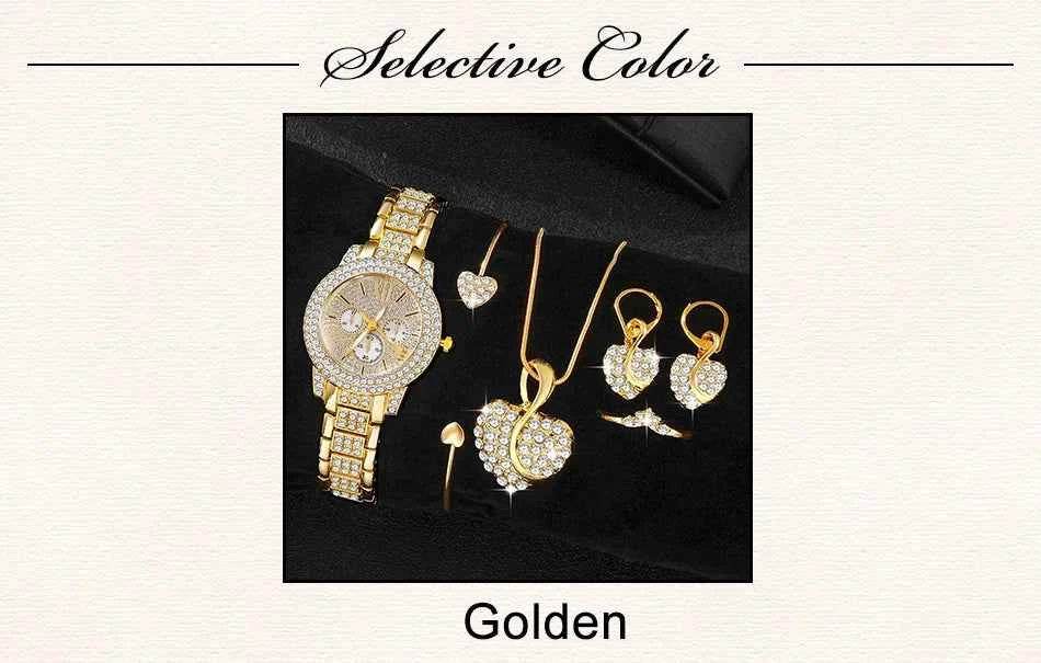Women's Luxury Watches Set - Gold Quartz Watch, Ring, Necklace, and Earring Jewelry Set - BON's