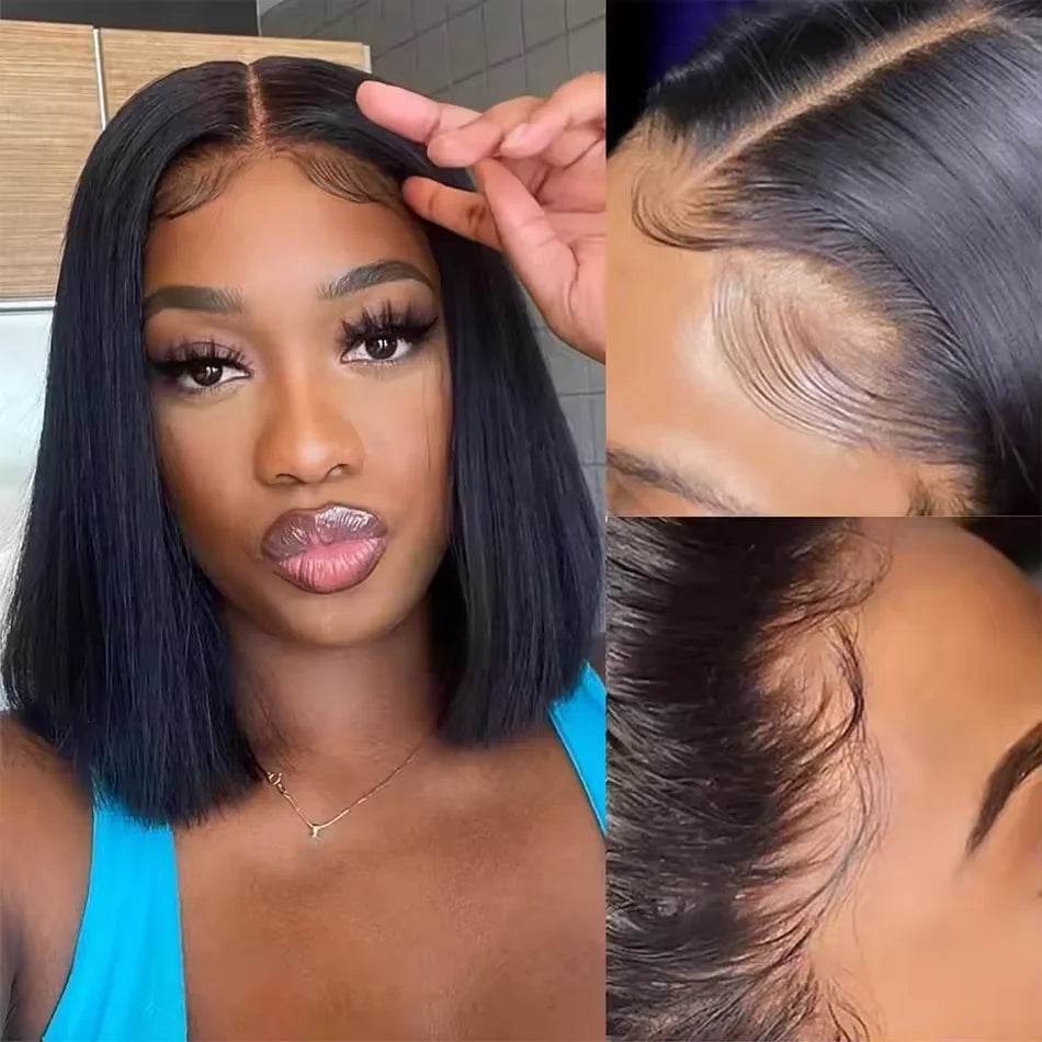 16 Inch Short Straight Bob Wig Human 13x4 Lace Transparent 200% Frontal Hair Bob Wig PrePlucked Lace Front Human Hair Wigs - BON's