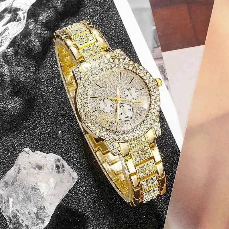 Women's Luxury Watches Set - Gold Quartz Watch, Ring, Necklace, and Earring Jewelry Set - BON's