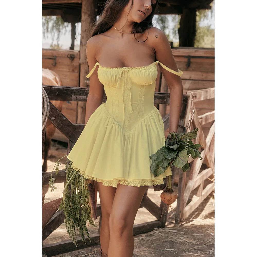 Sexy Lace Floral Corset Dress - Elegant Women's White Yellow Sundress, High Waist Mini Sun Dresses for Summer 2025 - BON's