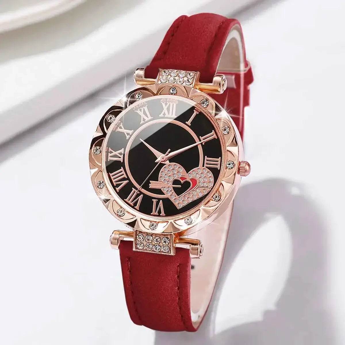 6PCS Women's Fashion Watch Set – Roma Heart Dial Leather Band Quartz Watches with Leaf Bracelets - BON's