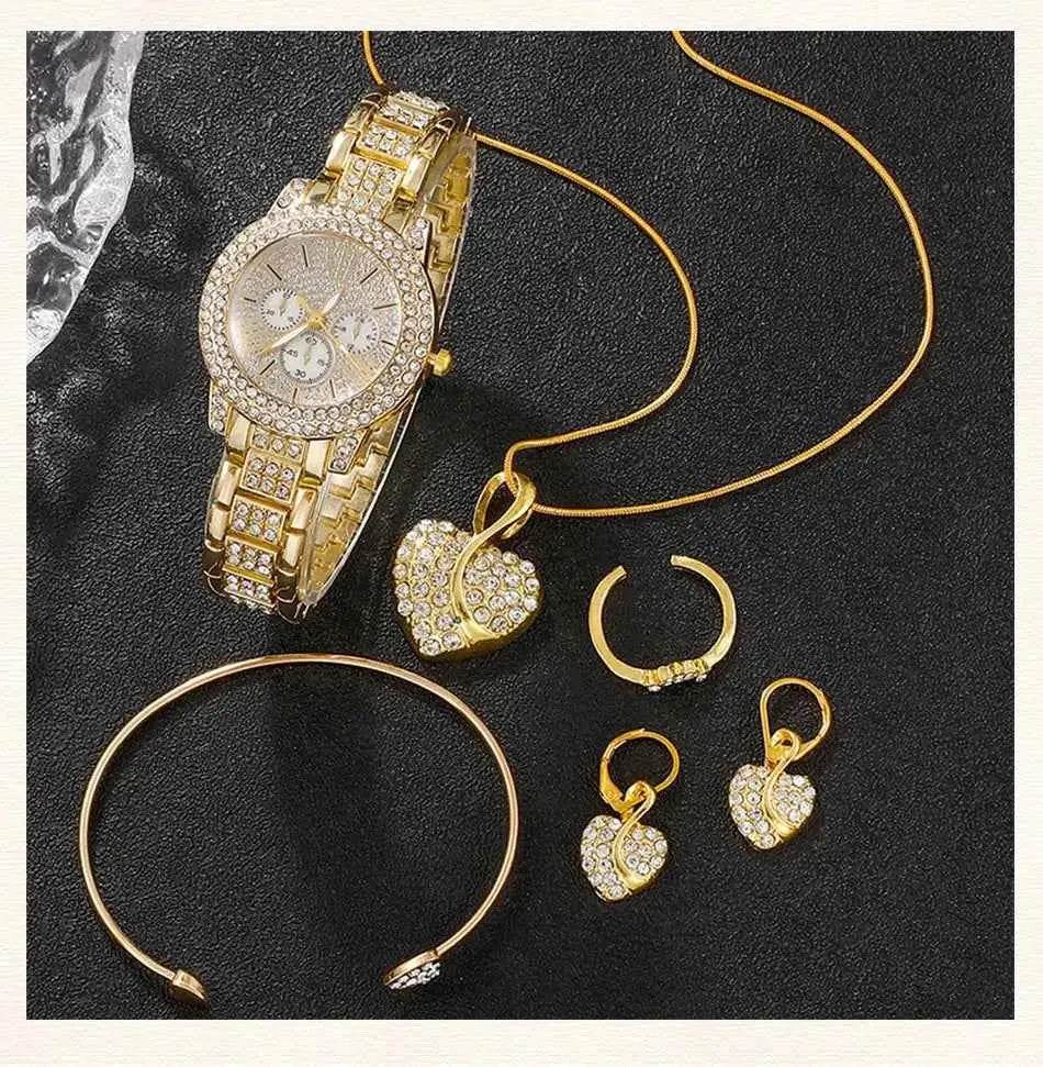 Women's Luxury Watches Set - Gold Quartz Watch, Ring, Necklace, and Earring Jewelry Set - BON's