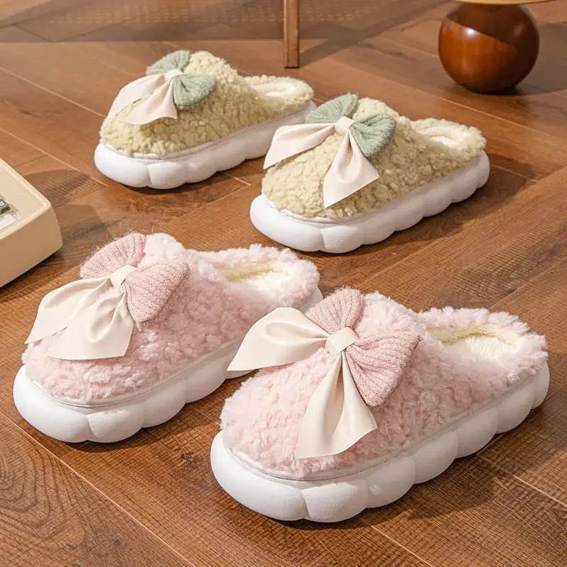 Winter Fur Slippers for Women with Cute Bow - Non-Slip Soft Plush Comfort Flat Heel Indoor Shoes - BON's