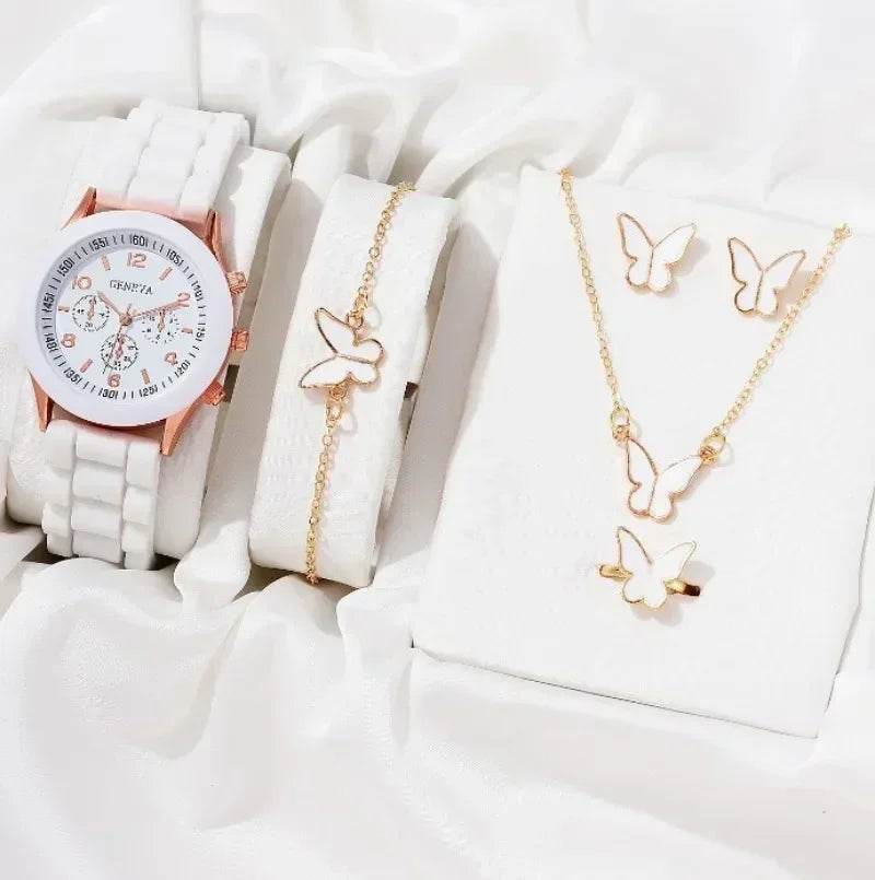 Luxury Women's Watch Set - 5PCS Rhinestone Jewelry Bracelet, Ring, Necklace, and Earrings for Casual Elegance - BON's