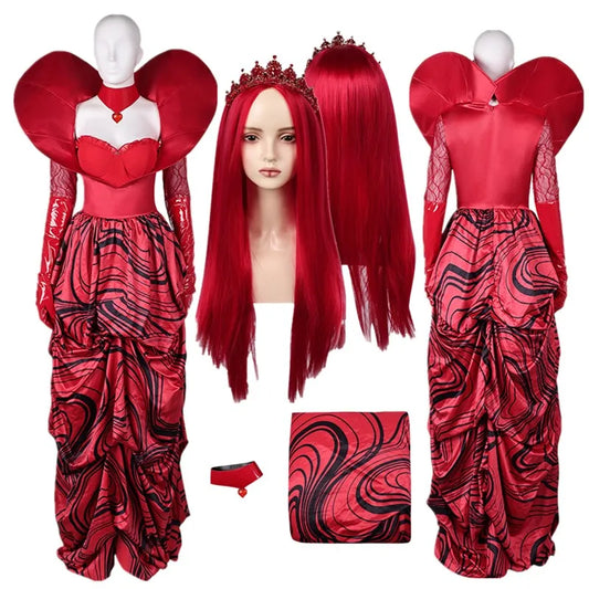 Descendants Fantasy Queen of Hearts Cosplay Costume Adult Women Red Dress Wig Headband Outfits Halloween Carnival Party Suit