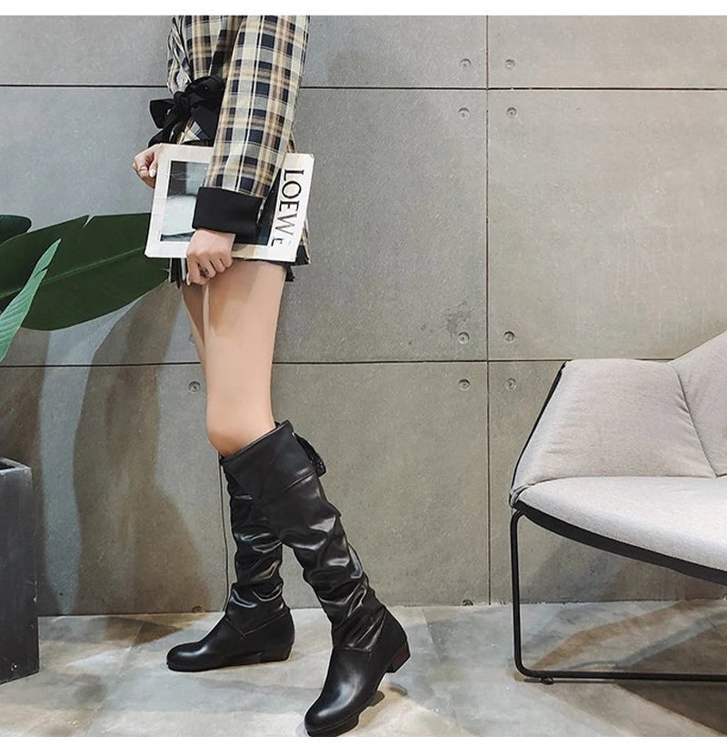 2023 Women’s Knee-High Leather Boots – Red, Black & White Pleated Tall Boots with Low Heel for Casual Streetwear