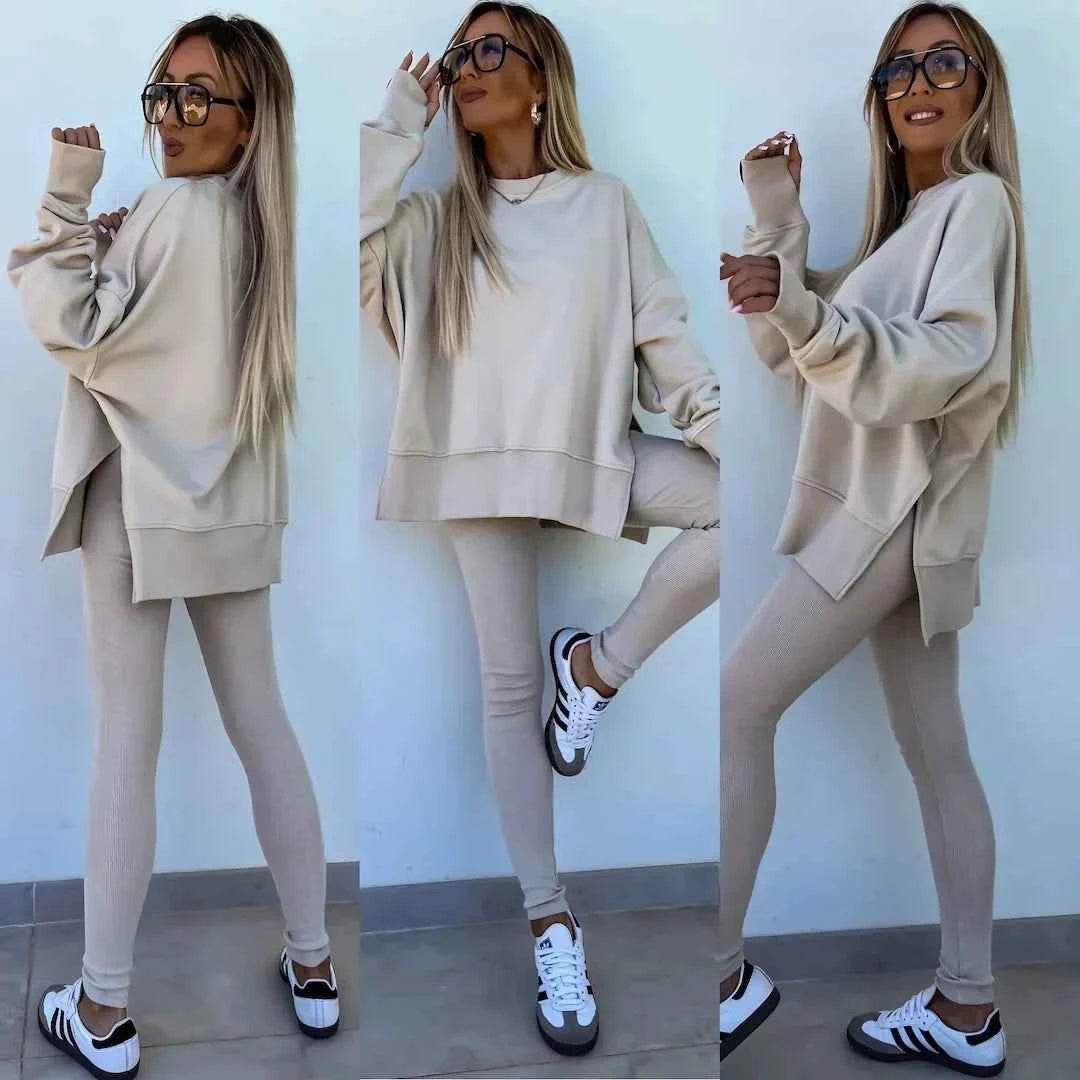2025 Casual Tight Trousers Set with Loose Sweatshirt - European and American Style - BON's