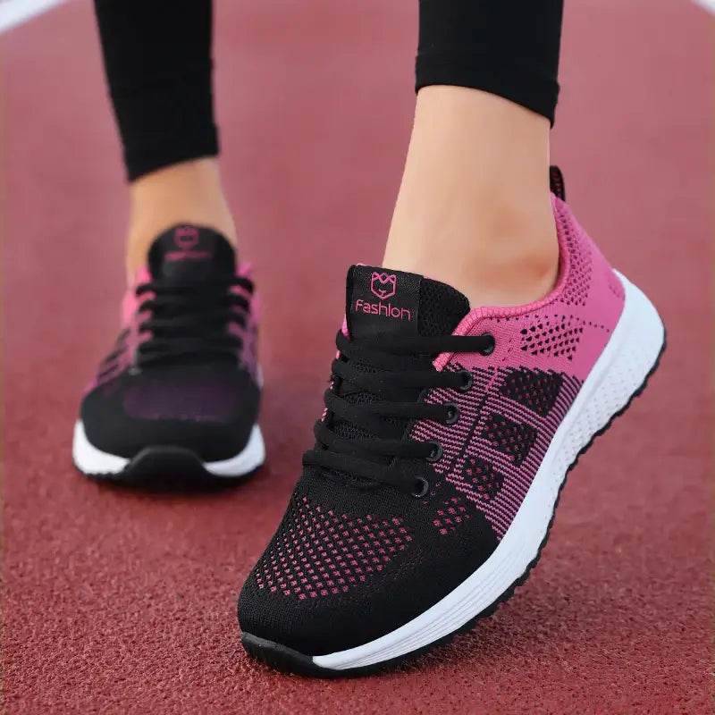 Women Breathable Casual Sneakers Lace Up Flat Walking Shoes - Pink, Black, White - BON's