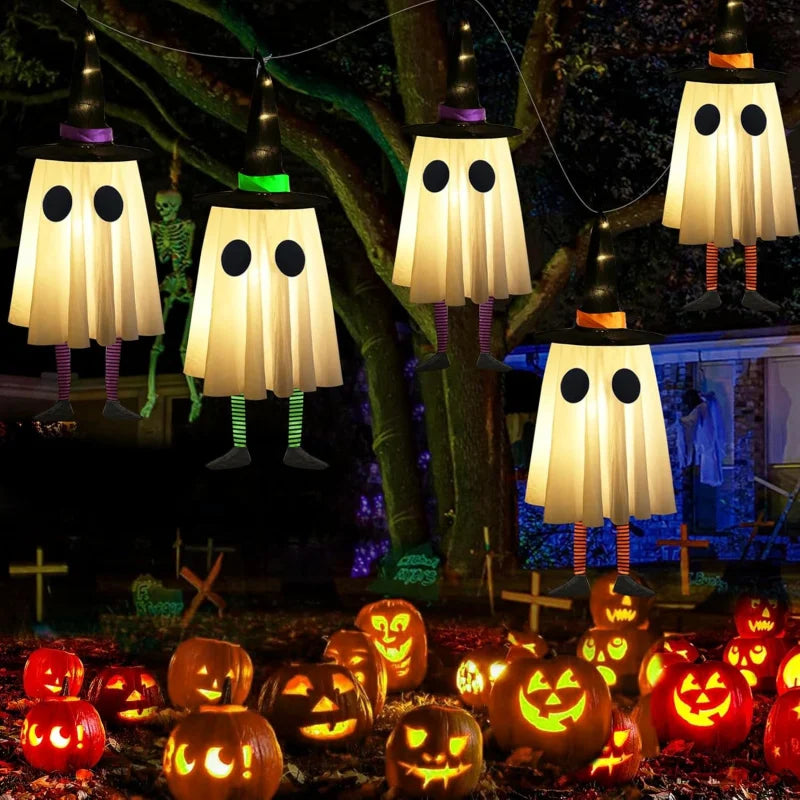 Glowing Hanging Ghost & Witch Hat Lights – Outdoor Halloween Decorations for Trees, Garden & Yard