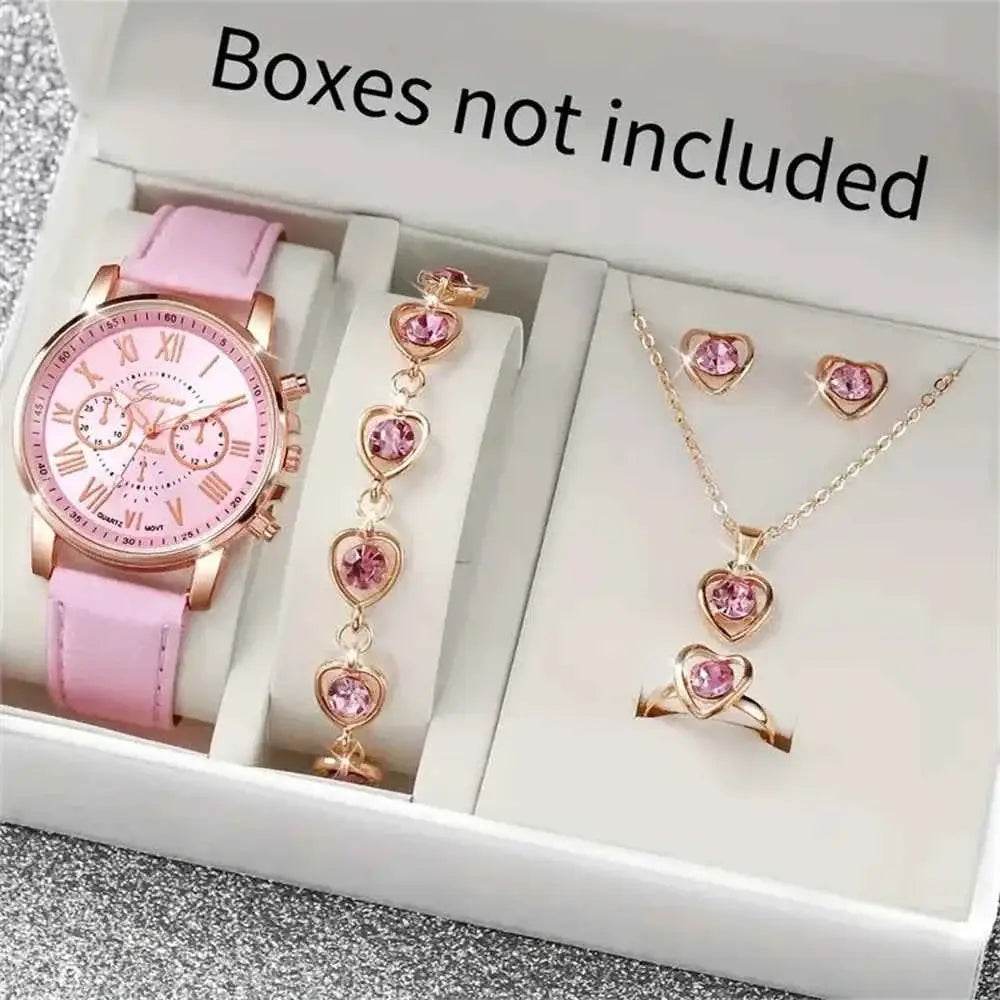 6PCS Women's Quartz Watch Set with Leather Band and Heart Rhinestone Jewelry Accents - BON's