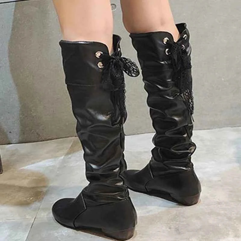 2023 Women’s Knee-High Leather Boots – Red, Black & White Pleated Tall Boots with Low Heel for Casual Streetwear