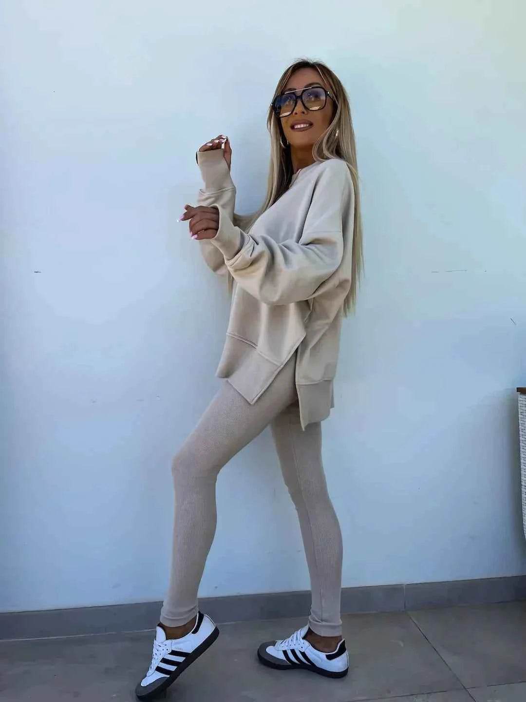 2025 Casual Tight Trousers Set with Loose Sweatshirt - European and American Style - BON's