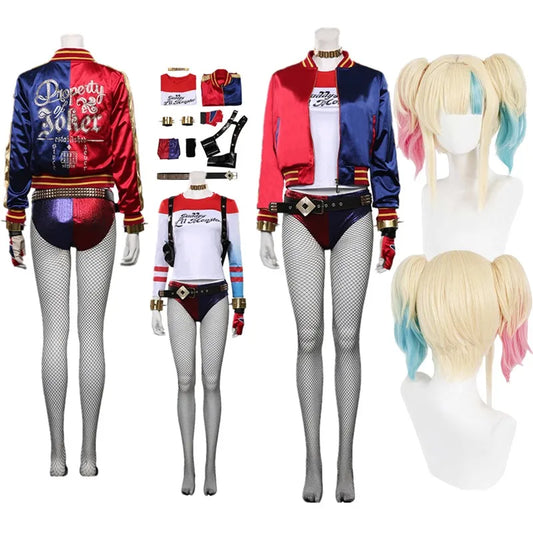 Quinzel Cosplay Costume Fantasia Super Villain Adult Women Coat Belt Neckband Roleplay Outfits Halloween Carnival Party Suit