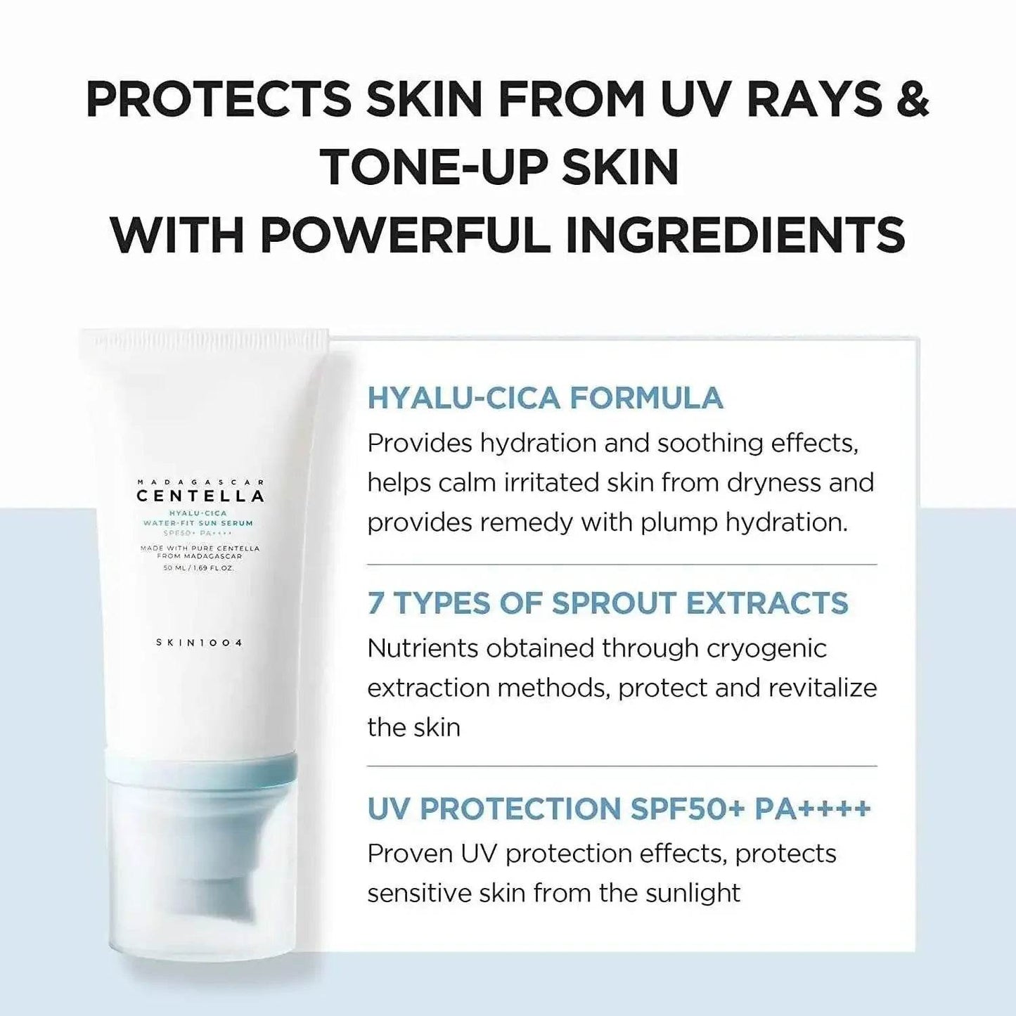 Skin1004 Centella Sun Serum SPF50+ with Hyaluronic Acid for Sensitive Skin and Effective UV Protection - BON's