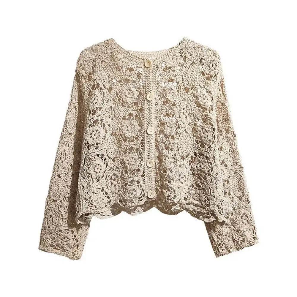 Korean Lace Cardigan for Women - 2024 Spring and Summer O Neck Long Sleeve Casual Hollow Shawl Cotton Top - BON's
