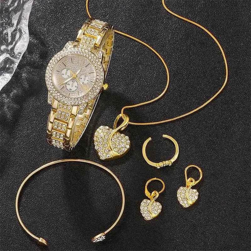 Women's Luxury Watches Set - Gold Quartz Watch, Ring, Necklace, and Earring Jewelry Set - BON's